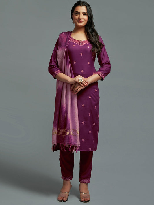 Ethnic Motifs Embroidered Thread Work Kurta With Trousers & Dupatta