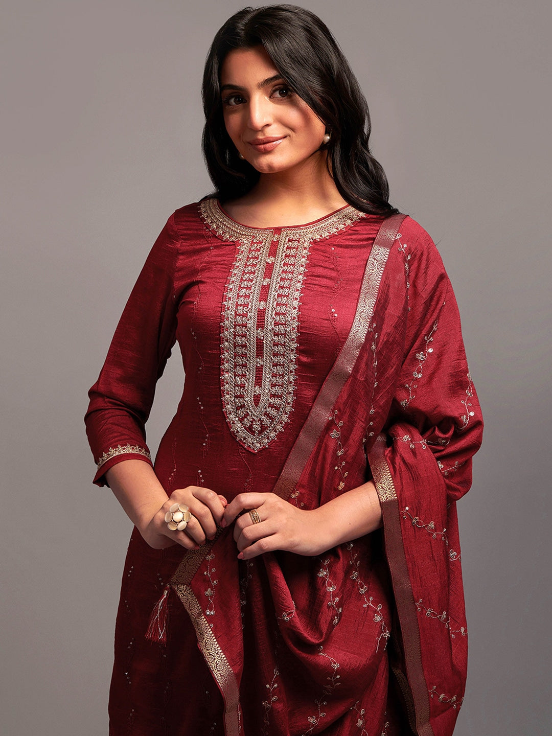 Embroidered Kurta with Palazzos & With Dupatta