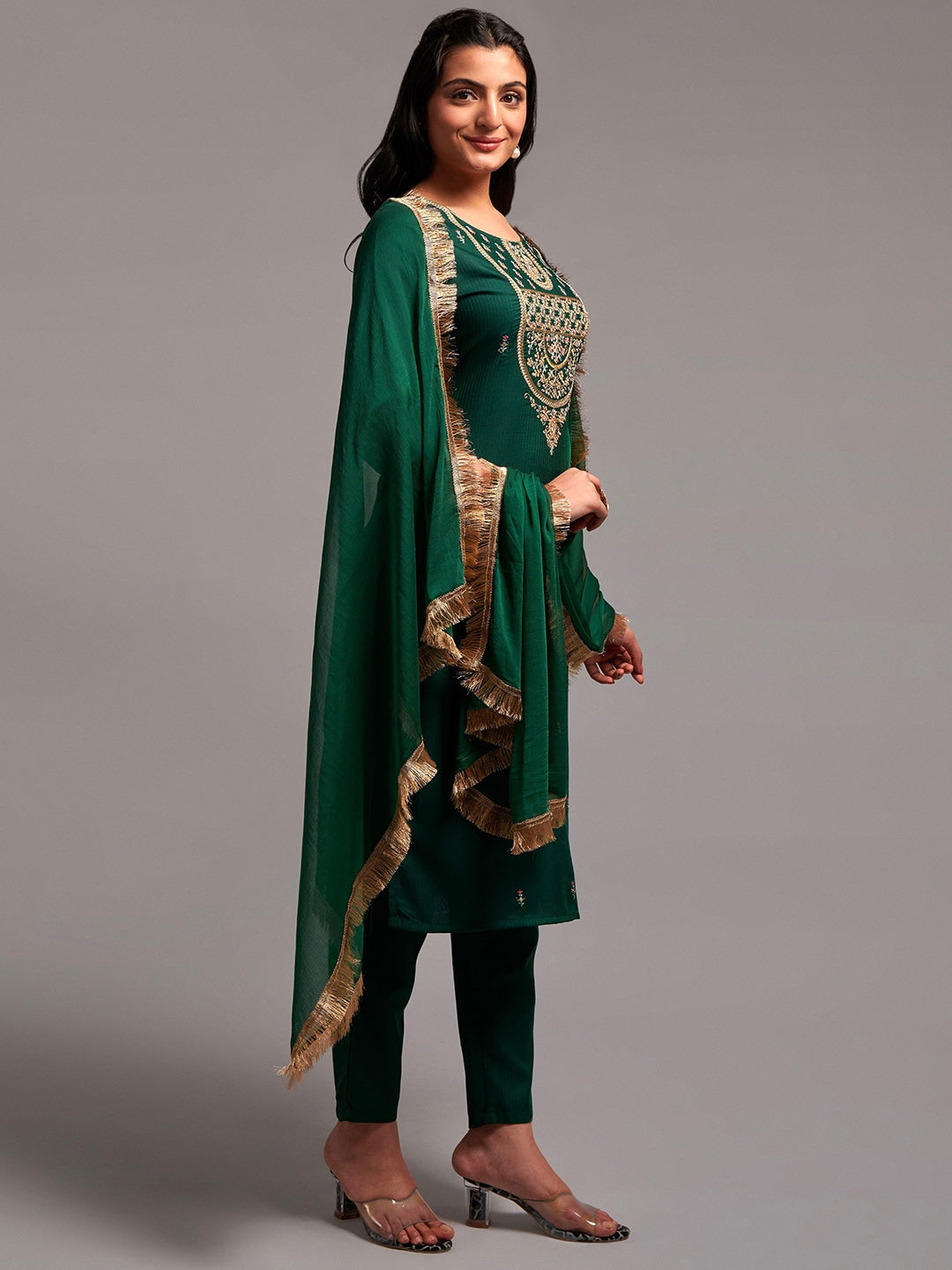 Floral Embroidered Kurta with Trousers & Dupatta