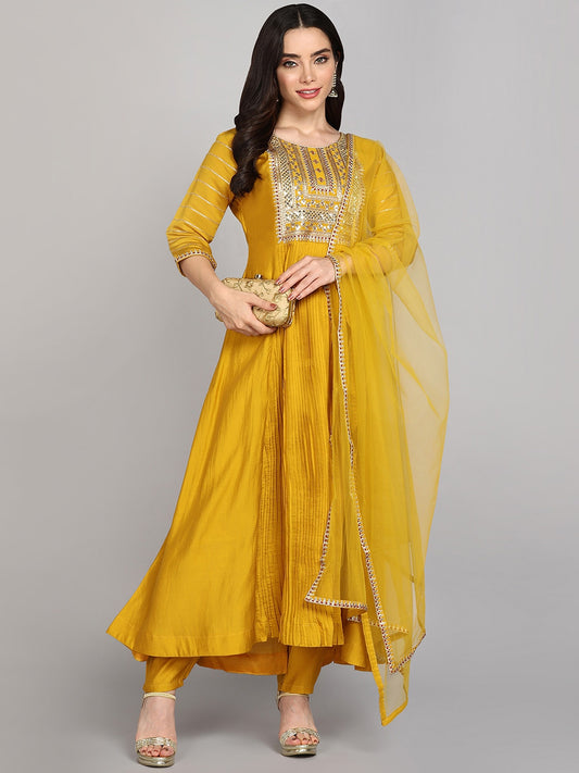 Floral Yoke Design Sequinned Anarkali Chanderi Silk Kurta & Trousers With Dupatta