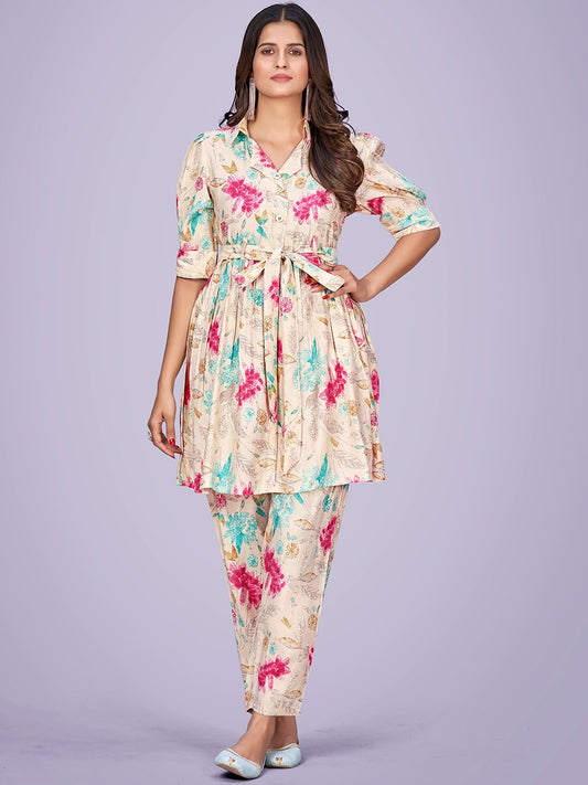 Floral Printed Belted Detail A-Line Kurta with Trousers