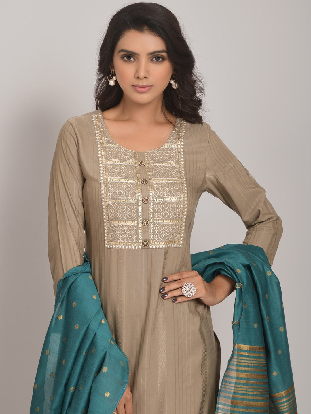 Embroidered Kurta with Trousers & Dupatta