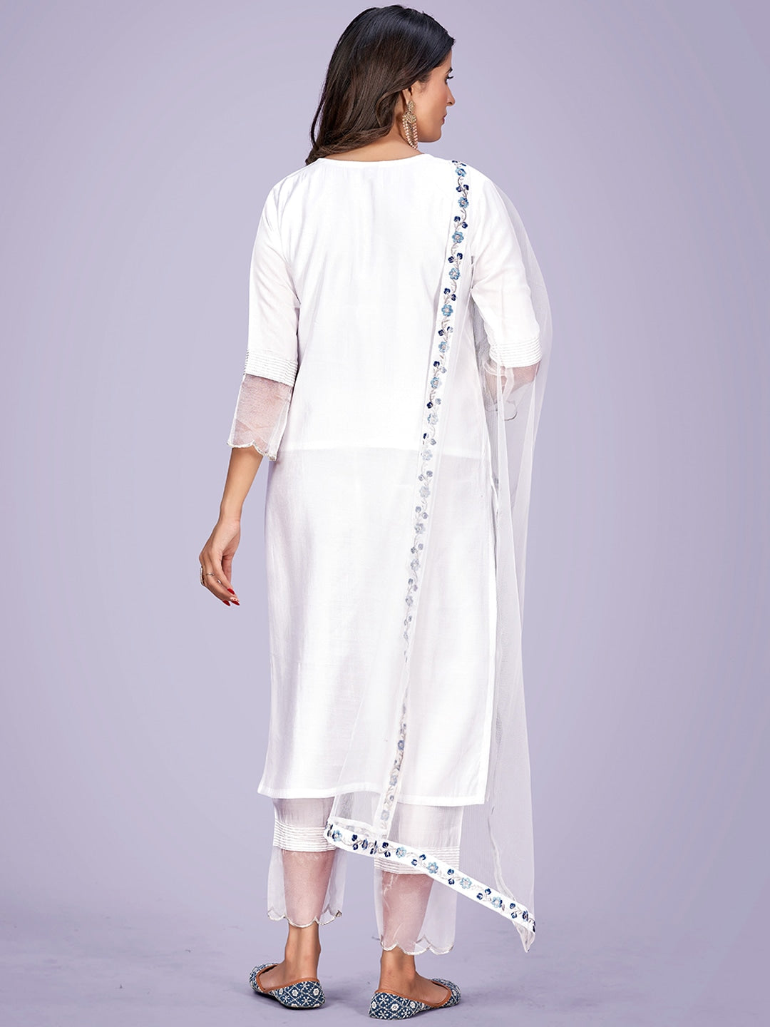 Floral Embroidered Thread Work Kurta With Trousers & Dupatta