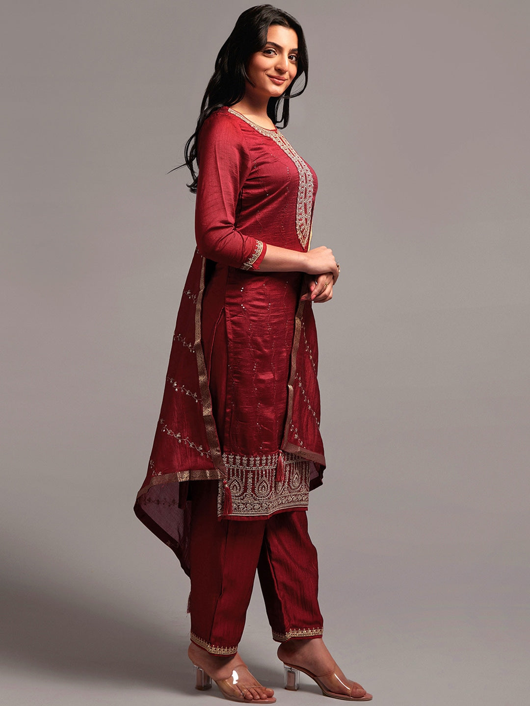 Embroidered Kurta with Palazzos & With Dupatta