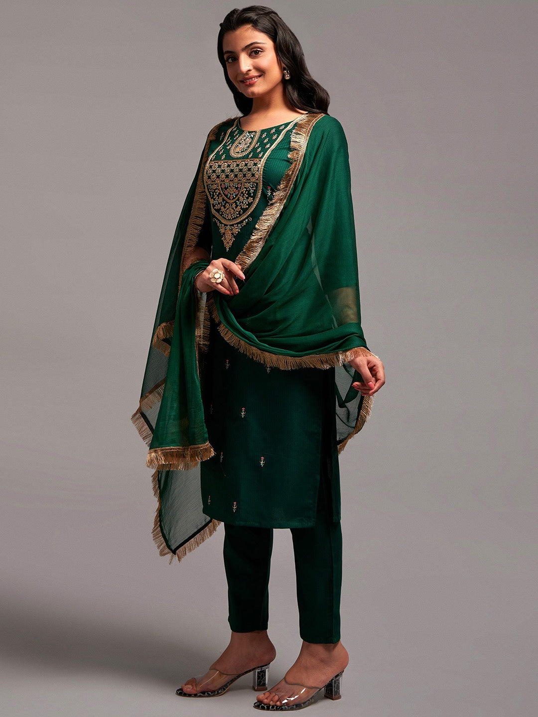 Floral Embroidered Kurta with Trousers & Dupatta