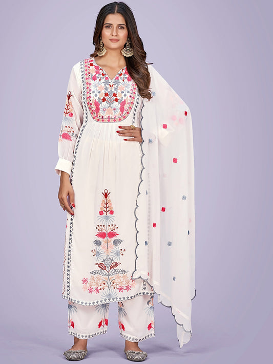 Floral Embroidered Mirror Work Georgette Kurta With Palazzos & Dupatta