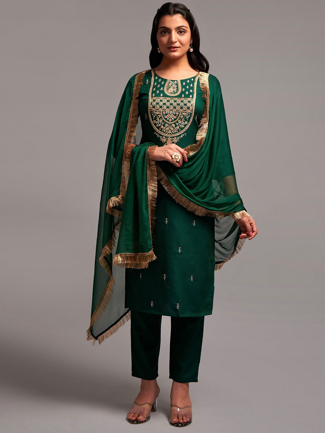 Floral Embroidered Kurta with Trousers & Dupatta