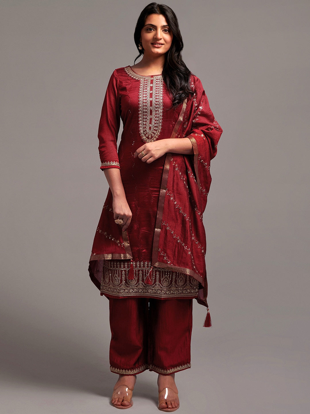 Embroidered Kurta with Palazzos & With Dupatta