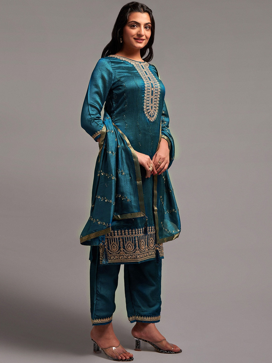 Embroidered Kurta with Palazzos & With Dupatta