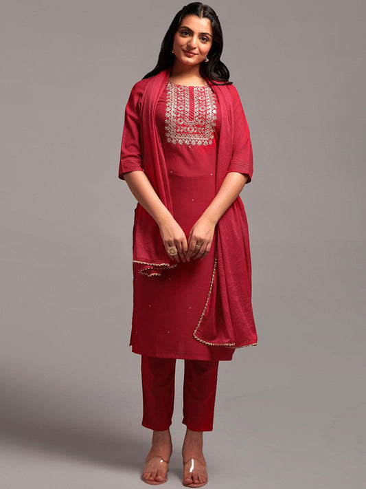 Ethnic Motifs Embroidered Regular Thread Work Kurta & Trousers With Dupatta