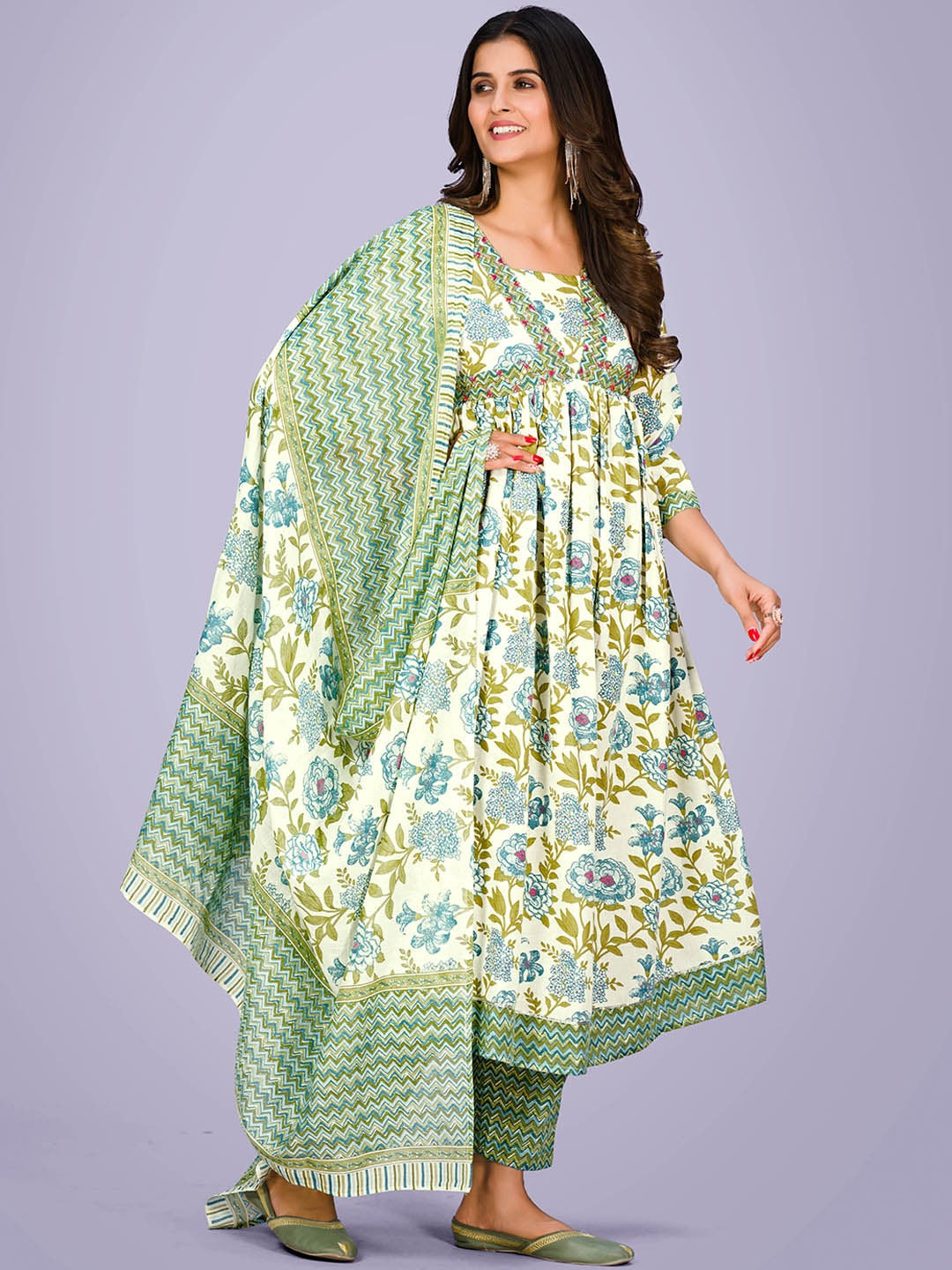 Floral Printed Regular Empire Anarkali Kurta & Trousers With Dupatta