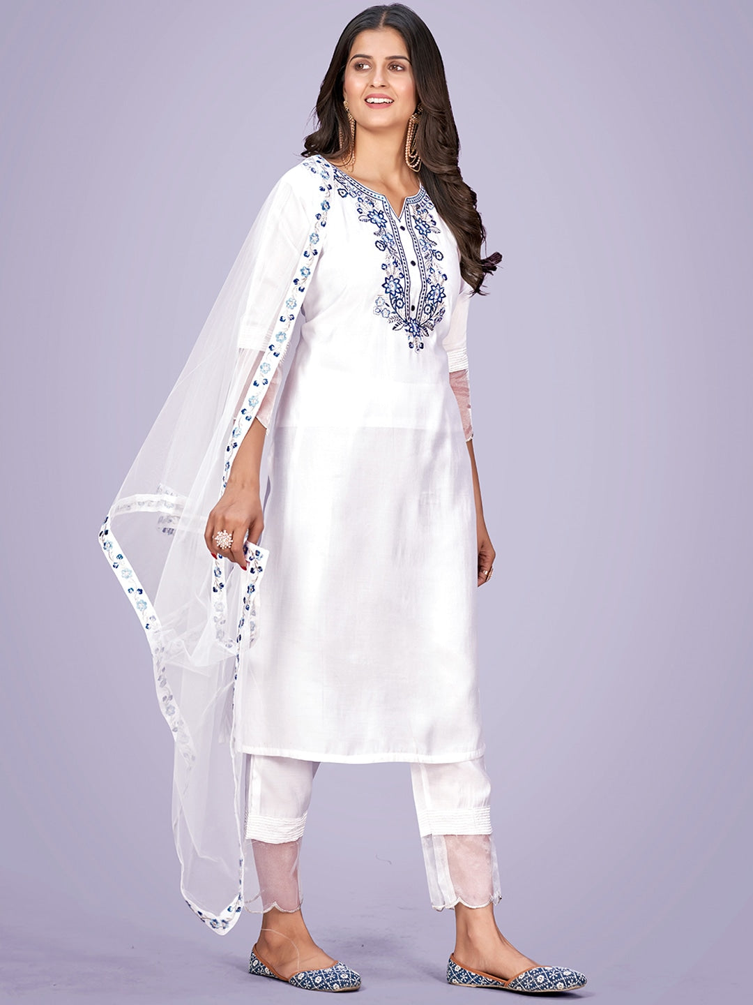 Floral Embroidered Thread Work Kurta With Trousers & Dupatta