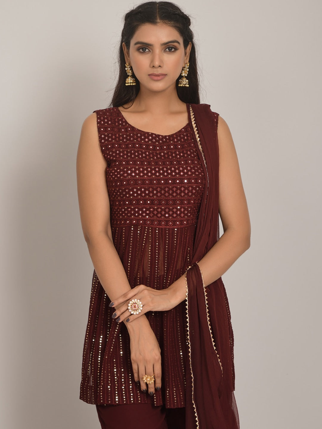 Ethnic Motifs Embroidered Mirror Work Kurti With Sharara & Dupatta