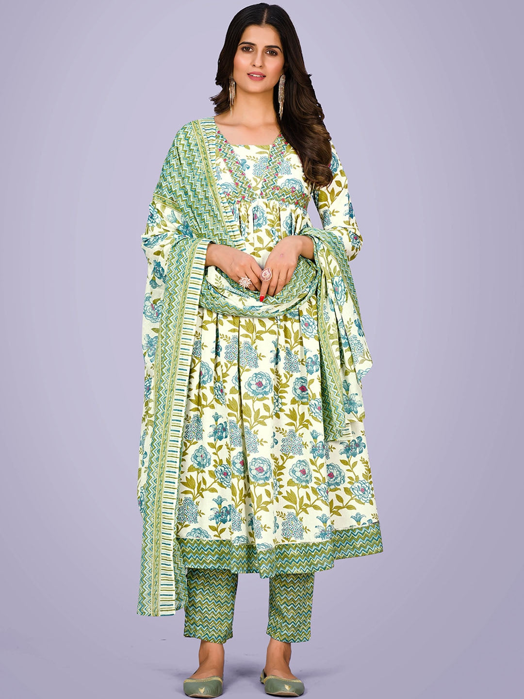 Floral Printed Regular Empire Anarkali Kurta & Trousers With Dupatta