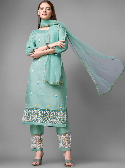 Floral Embroidered Regular Thread Work Kurta With Trousers & Dupatta