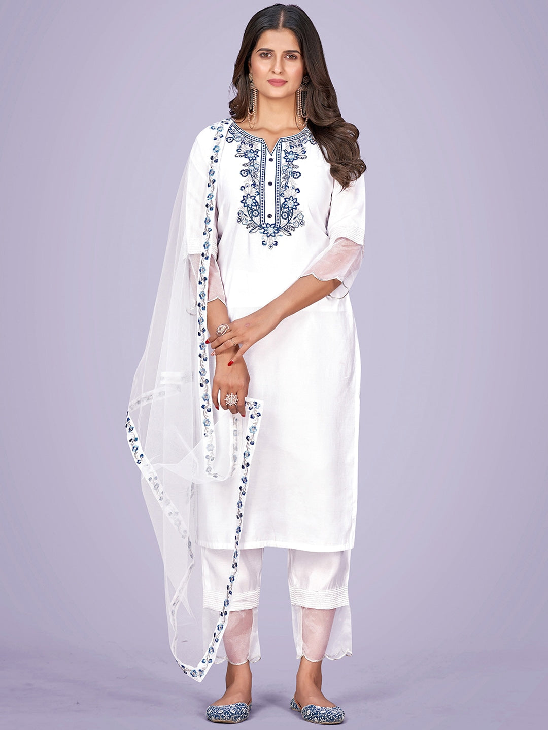 Floral Embroidered Thread Work Kurta With Trousers & Dupatta