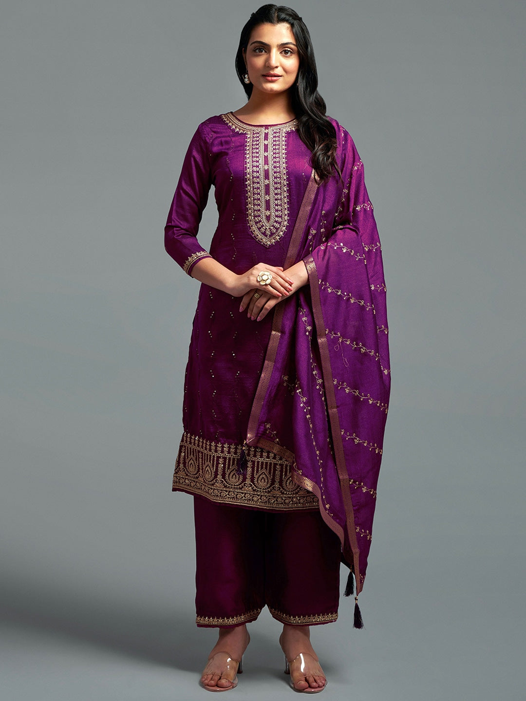 Embroidered Kurta with Palazzos & With Dupatta