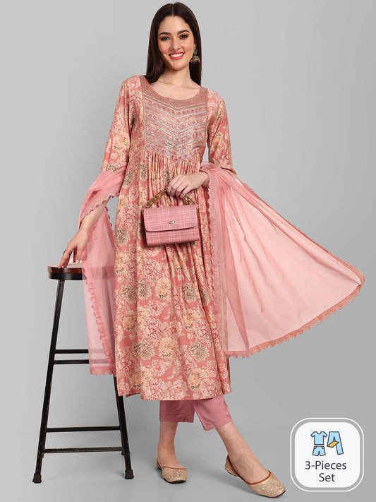 Floral Printed Thread Work Kurta With Trousers & Dupatta