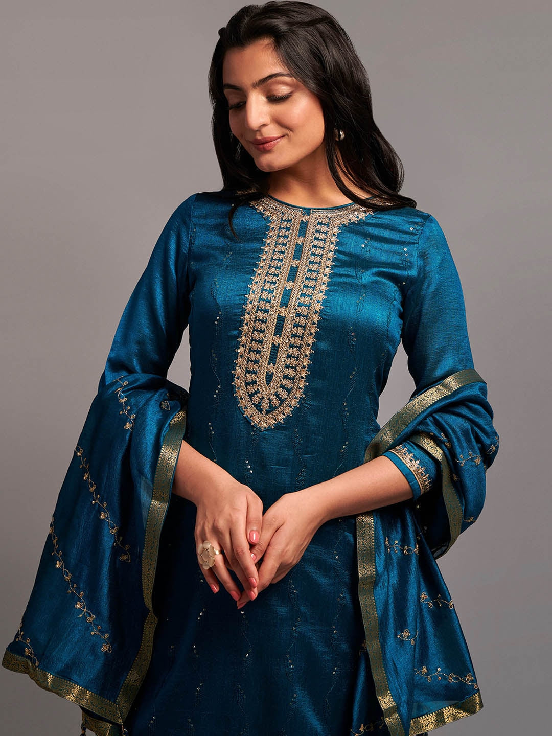 Embroidered Kurta with Palazzos & With Dupatta