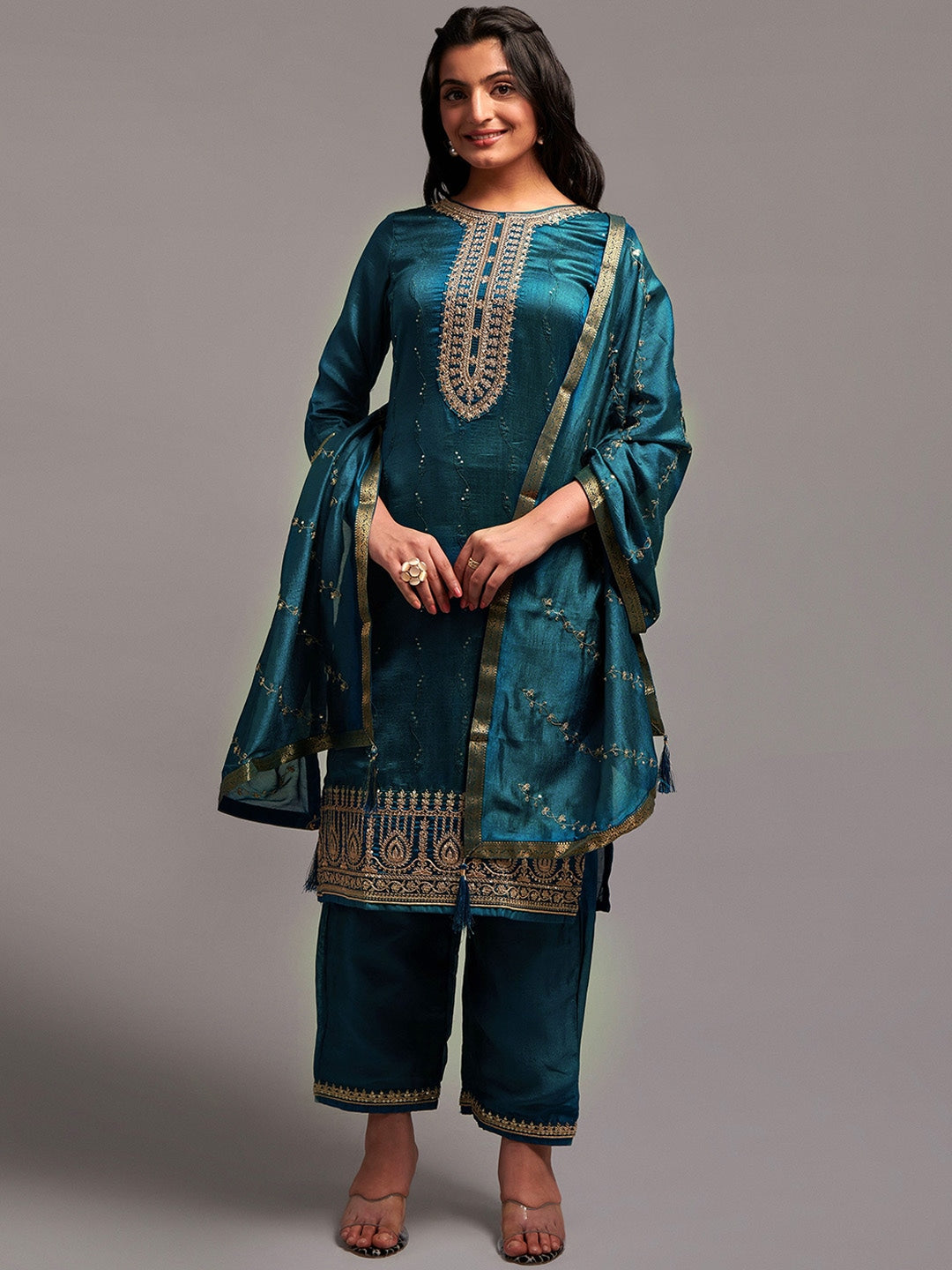 Embroidered Kurta with Palazzos & With Dupatta