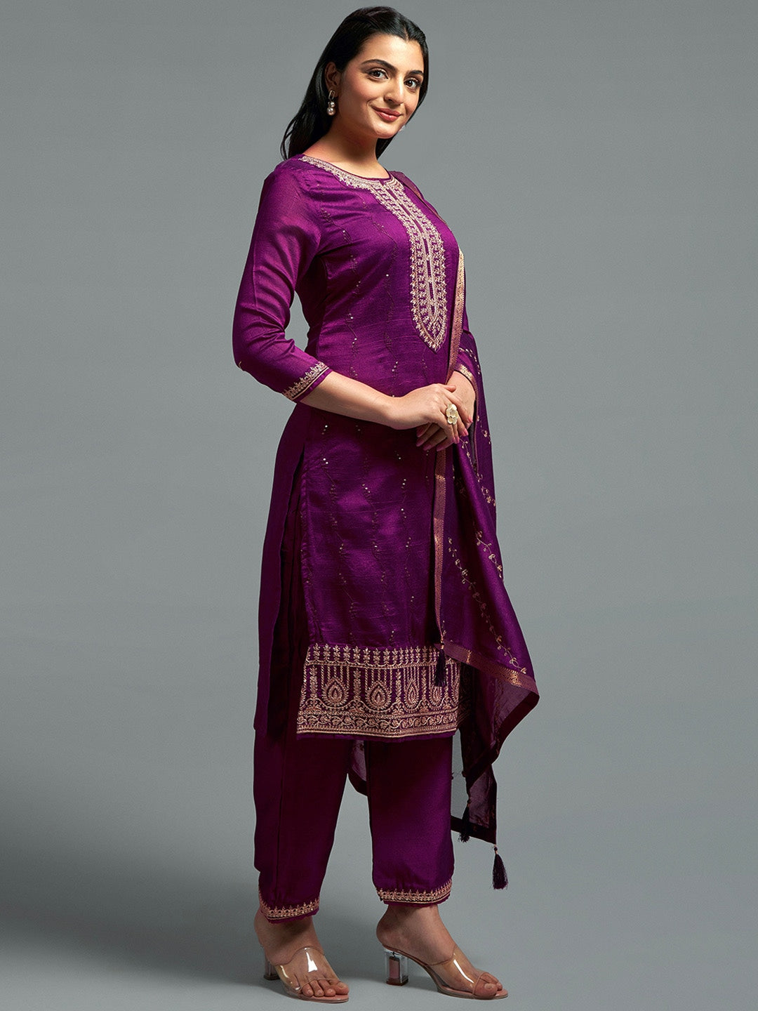 Embroidered Kurta with Palazzos & With Dupatta