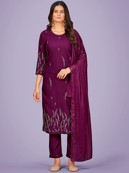 Ethnic Motifs Embroidered Sequinned Kurta With Trousers & Dupatta