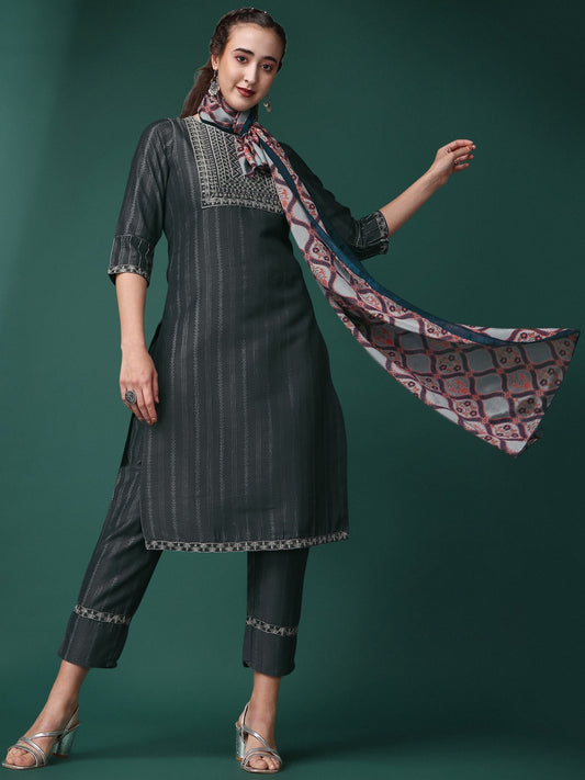 Embroidered Striped Printed Kurta with Trousers & Dupatta