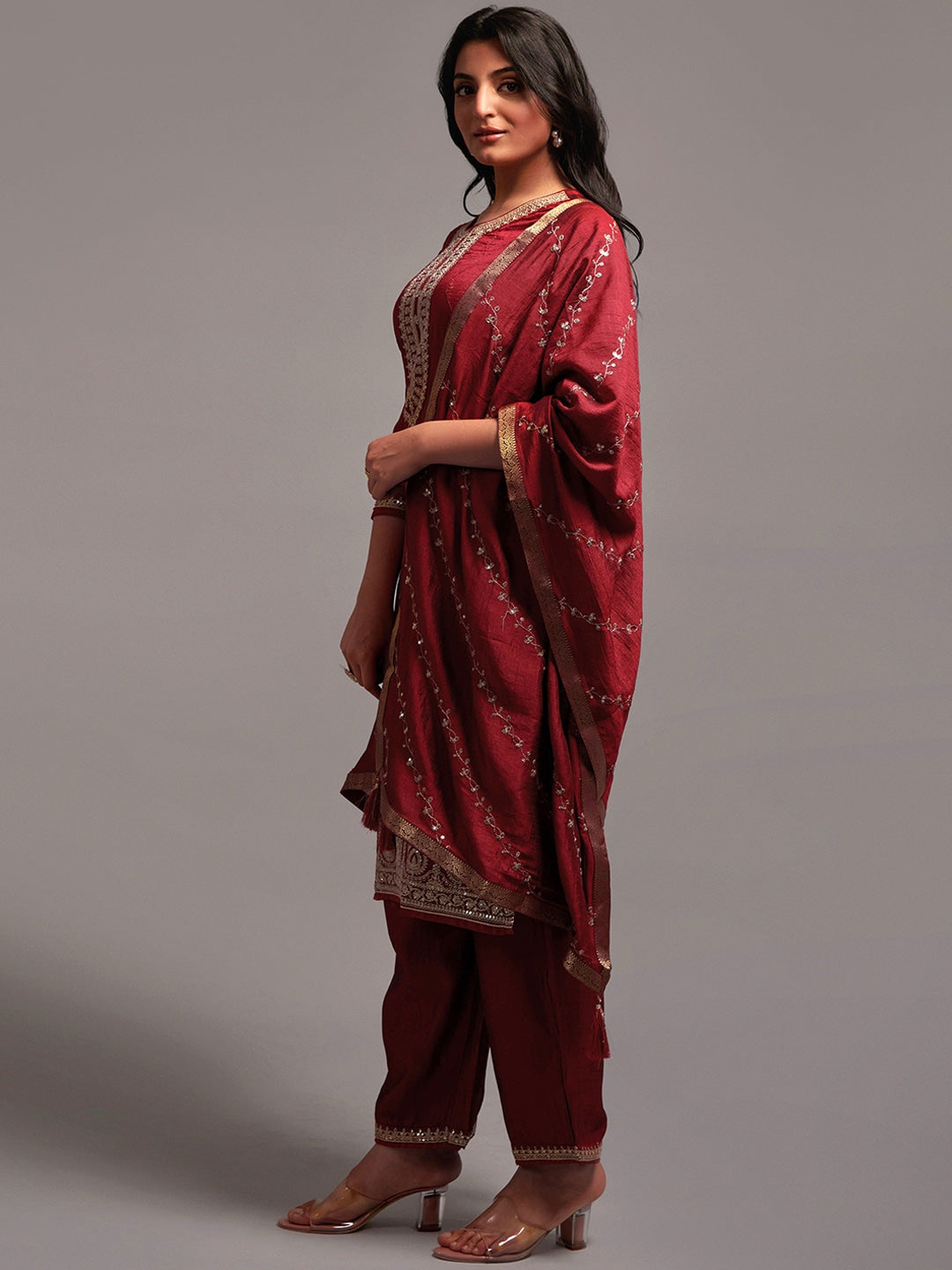 Embroidered Kurta with Palazzos & With Dupatta