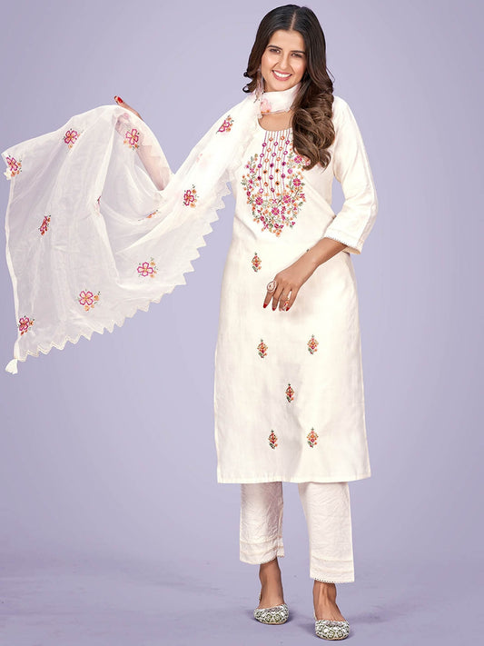 Floral Embroidered Mirror Work Kurta With Trousers & Dupatta