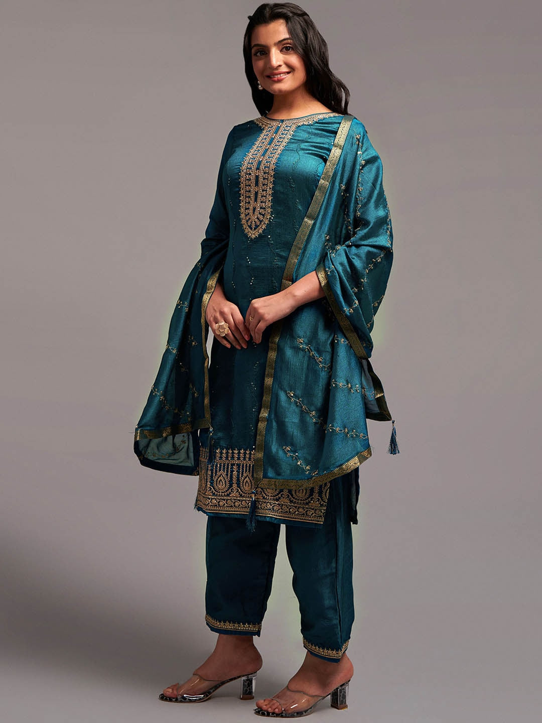 Embroidered Kurta with Palazzos & With Dupatta