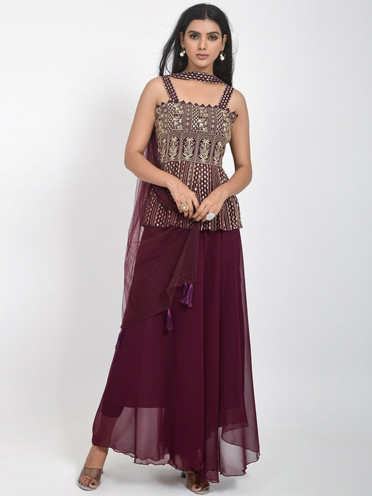 Floral Embroidered Regular Sequinned Georgette A-line Kurti With Skirt & Dupatta